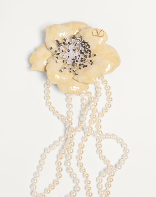Valentino Garavani - Fleur Lumineuse Necklace In Metal, Enamel, Pearls And Fabric - Gold/cream - Woman - Fashion Jewelry