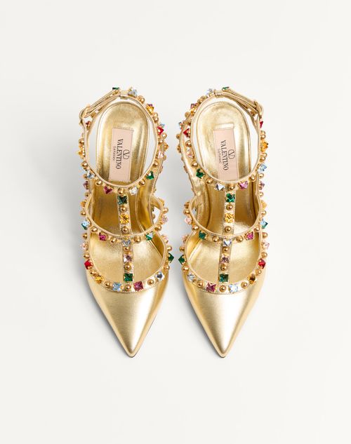 Valentino Garavani - Rockstud Décolleté In Laminated Nappa With Cabochon And Crystals 100mm - Antique Brass/multicolour - Woman - Pumps