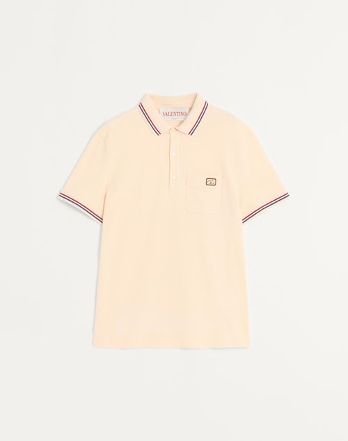 Valentino Cotton Piqué Polo Shirt With V-logo Patch In Neutral