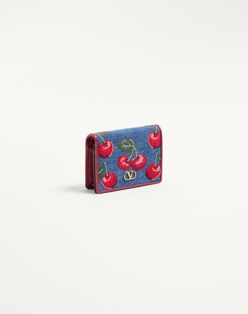 Valentino Garavani - Vlogo Signature Denim Wallet With Cherryfic Embroidery - Denim/multicolour - Woman - Wallets And Small Leather Goods