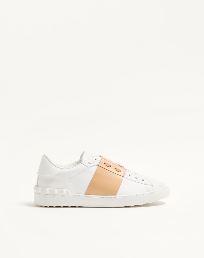 Valentino Garavani Open Sneakers In Leather With Contrast Colored Stripe And Stud Detail In Nude