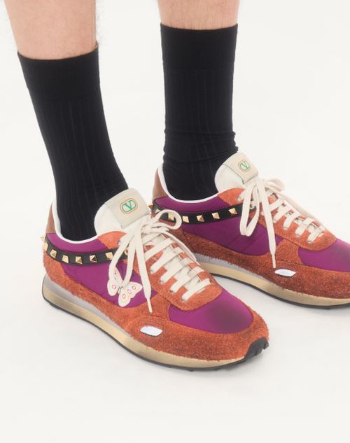 Valentino Garavani - Stud Up Sneaker In Split Leather And Nylon With Butterfly Embroidery - Orange/purple - Man - Sneakers