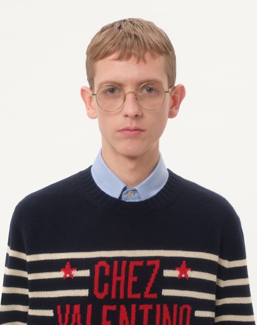Valentino - Wool Sweater With Chez Valentino Jacquard Motif - Blue/butter - Man - Knitwear