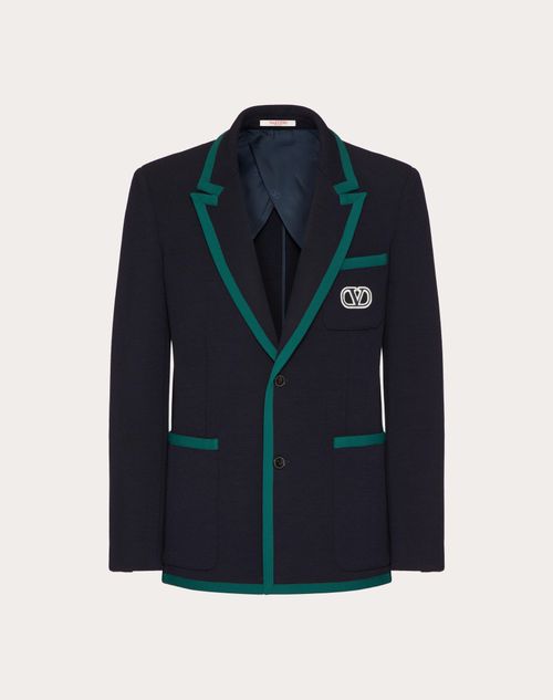 Valentino Tailored Cotton Blend Blazer With Back Slit And Sharp Lapels In Navy