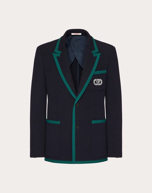 Valentino Single-breasted Jacket In Lana Stretch With Vlogo Signature Patch In Blue