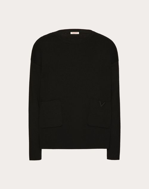 Valentino Crewneck Wool Jumper With Rubberised V Detail In Black