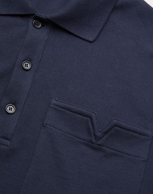 Valentino - Cotton Piqué Polo Shirt With Topstitched V Detail - Navy - Man - T-shirts And Sweatshirts