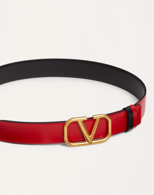 Valentino Garavani - Reversible Vlogo Signature Belt In Glossy Calfskin 30 Mm - Black/pure Red - Woman - Belts