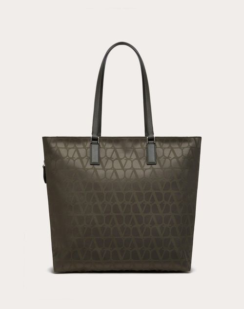 Shop Valentino Garavani Toile Iconographe Shopping Bag In Technical Fabric With Leather Details In ミリタリーグリーン