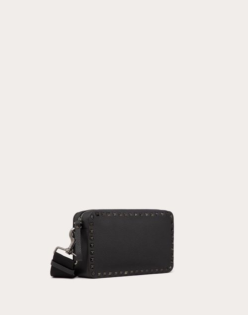 Valentino Garavani - Rockstud Grainy Calfskin Crossbody Bag - Black - Man - Shoulder Bags