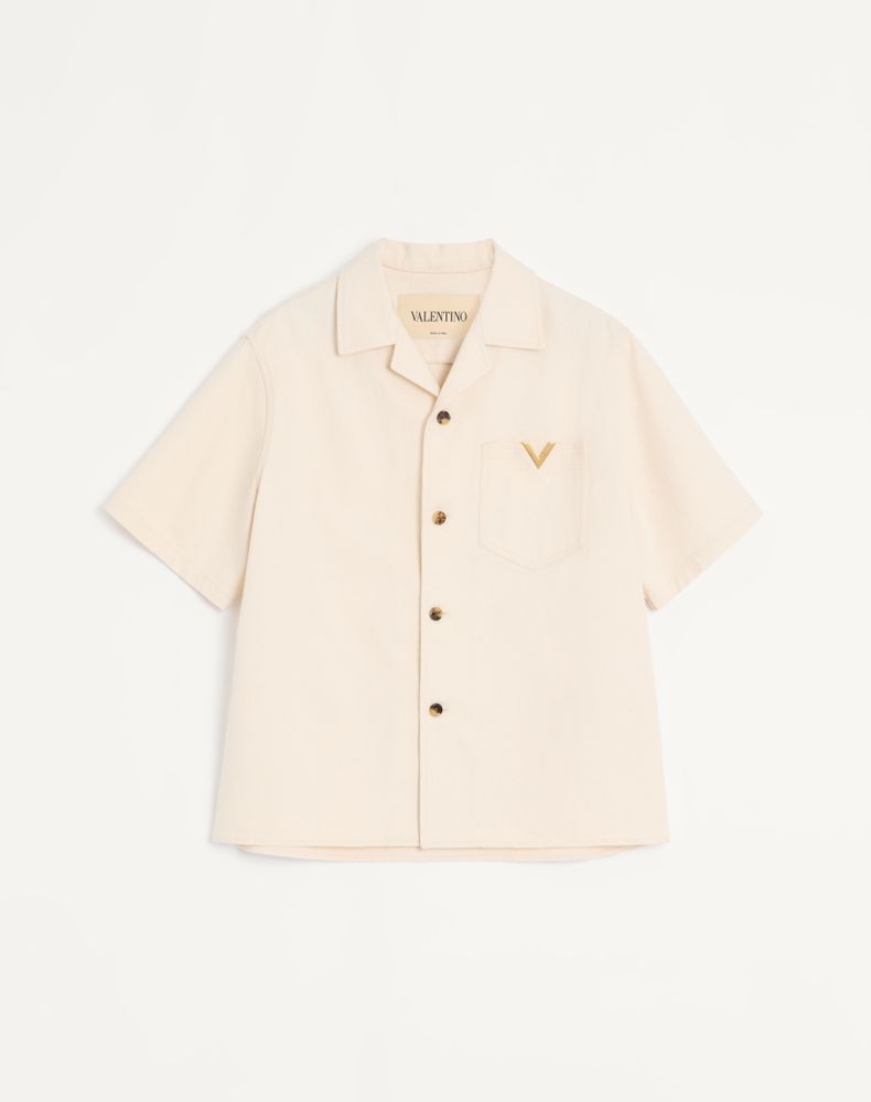 Valentino Men's Ivory Denim Bowling Shirt With Vgold Man 58