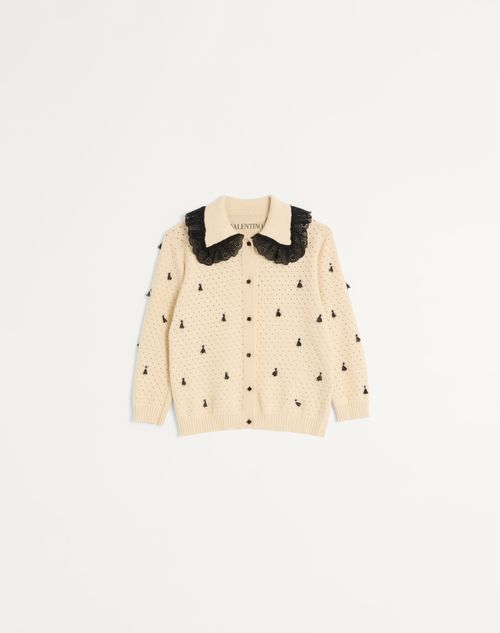 Valentino - Embroidered Cotton Cardigan - Birch/black - Woman - Knitwear