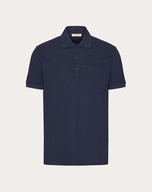 Shop Valentino Cotton Piqué Polo Shirt With Topstitched V Detail In Navy