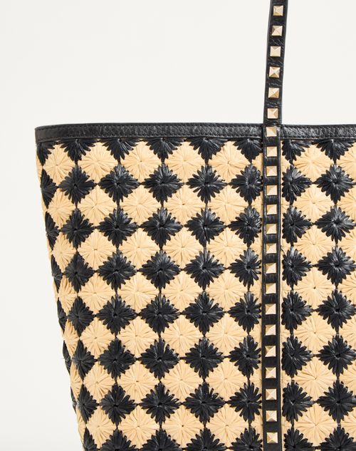 Valentino Garavani - Valentino Garavani Rockstud Embroidered Shopping Bag In Raffia - Natural/black - Woman - Totes