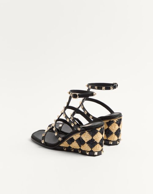 Valentino Garavani - Rockstud Calfskin Wedge Sandal With Check Embroidery 80mm - Black/natural - Woman - Espadrilles And Wedges