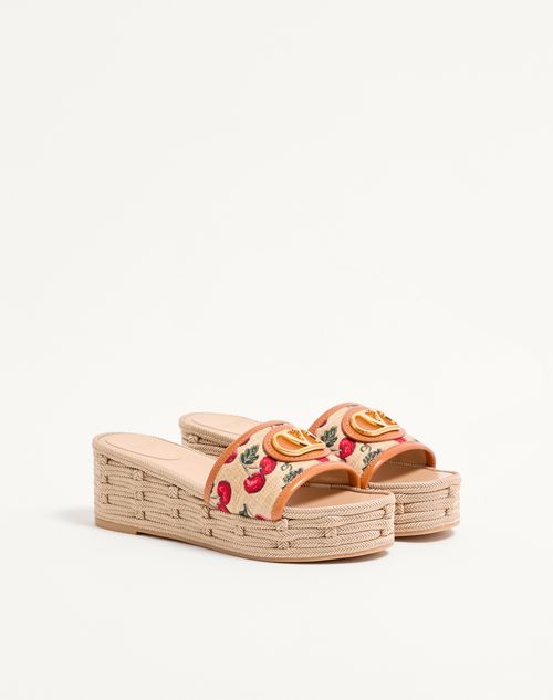 Valentino Garavani - Vlogo Signature Flatform Sandal In Jacquard Raffia With Cherryfic Motif 60mm - Natural/red - Woman - Espadrilles And Wedges