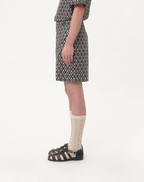 Valentino - Cotton Popeline Bermuda Shorts With Toute La V Print - Navy/cream - Man - Pants And Shorts
