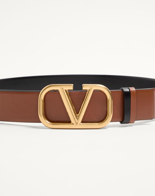 Valentino Garavani - Reversible Vlogo Signature Belt In Glossy Calfskin 40 Mm - Saddle Brown/black - Woman - Accessories