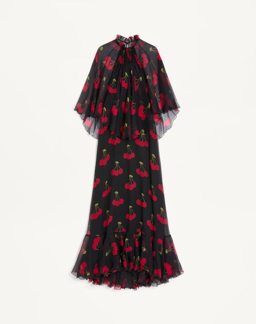Valentino - Long Dress In Crepponne Chiffon With Cherryfic Print - Black/cherry Red - Woman - Gowns