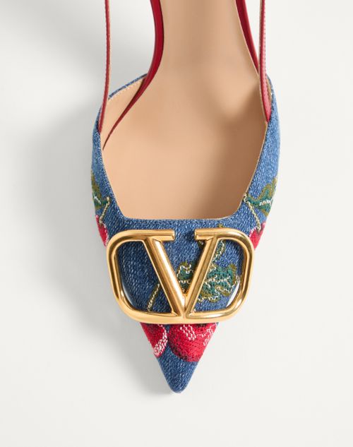 Valentino Garavani - Vlogo Signature Slingback Pumps In Denim With Cherryfic Embroidery 80mm - Denim/multicolour - Woman - Pumps