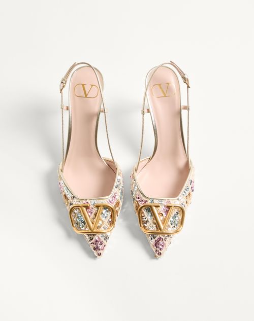 Valentino Garavani - Vlogo Signature Slingback Décolleté With Rhombelle Embroidery 80mm - Platinum - Woman - Pumps