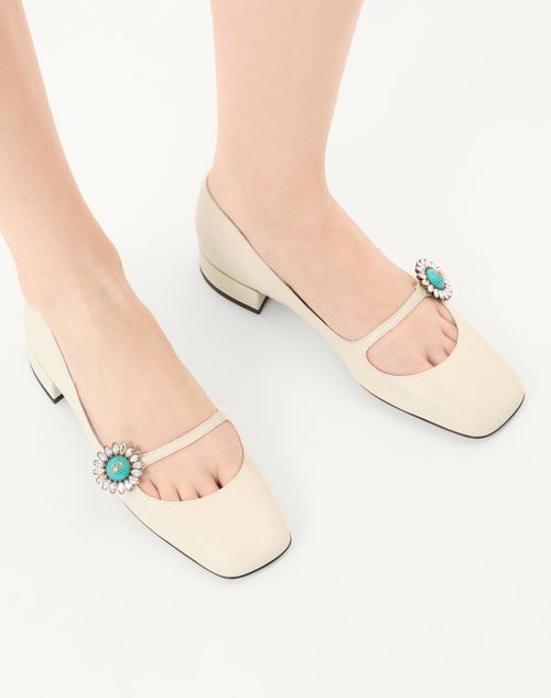 Valentino Garavani - Mary-jane Preshoes Ballerina In Kidskin With Jewel Button 20mm - Ivory/crystal/turquoise - Woman - Ballerinas