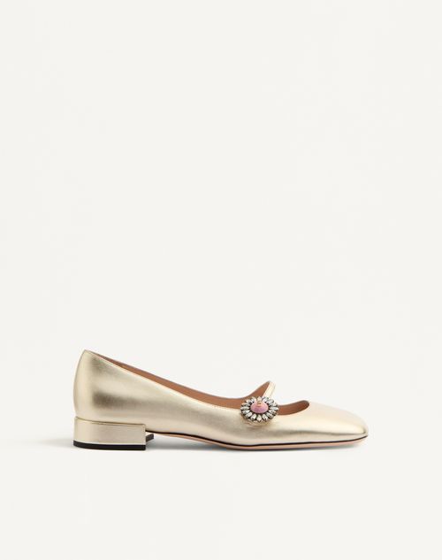 Valentino Garavani - Mary-jane Preshoes Ballerinas In Laminated Nappa With Jewel Button 20mm - Platinum/crystal - Woman - Ballerinas