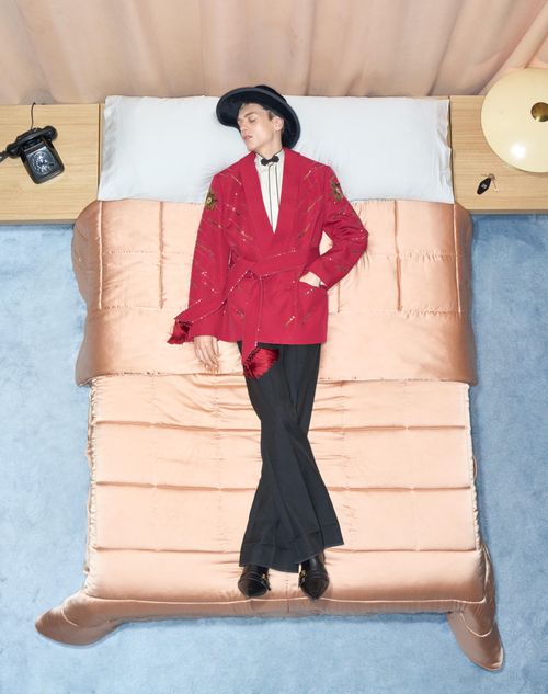Valentino - Valentino Embroidered Belted Jacket In Grain De Poudre Wool - Cherry Red - Man - Coats And Blazers