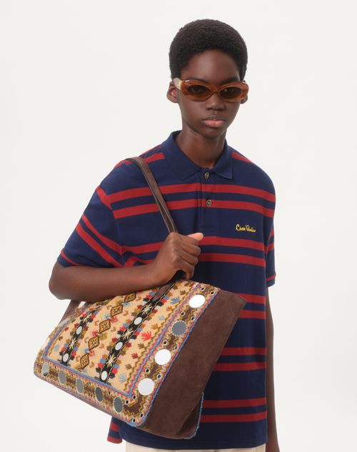 Valentino - Cotton Piqué Polo Shirt With Chez Valentino Embroidery - Blue/red - Man - Tshirts And Sweatshirts