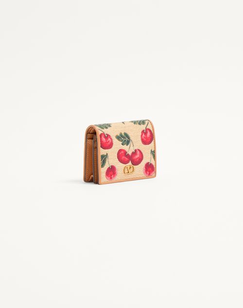Valentino Garavani - Portefeuille En Raphia Jacquard Vlogo Signature Cherryfic - Naturel/rouge - Femme - Portefeuilles Et Petite Maroquinerie