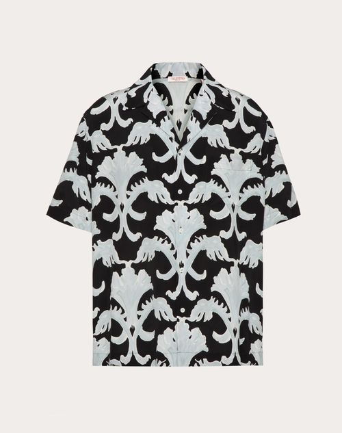 Valentino Silk Bowling Shirt With Metamorphos Wall Print In Black/pearl Grey