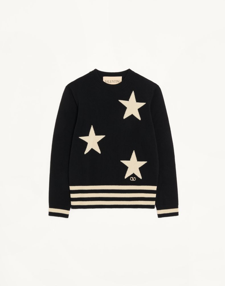 Valentino Men's Black/Butter Wool Crewneck Jumper With Star Motif And Vlogo Embroidery Man Xxl