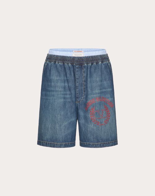 VALENTINO VALENTINO DENIM CHAMBRAY SHORTS WITH MAISON VALENTINO LOGO PRINT