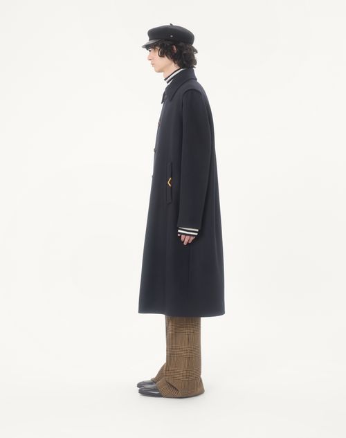 Valentino - Manteau Droit Valentino En Feutre De Laine Avec Vgold Sur Les Poches Latérales - Marine - Homme - Manteaux Et Blazers