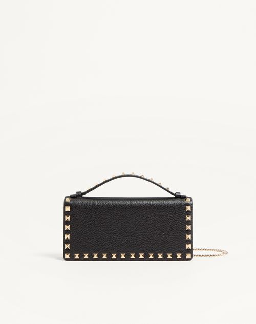 Valentino Garavani Rockstud Wallet With Chain In Grainy Calfskin Woman Black Onesize