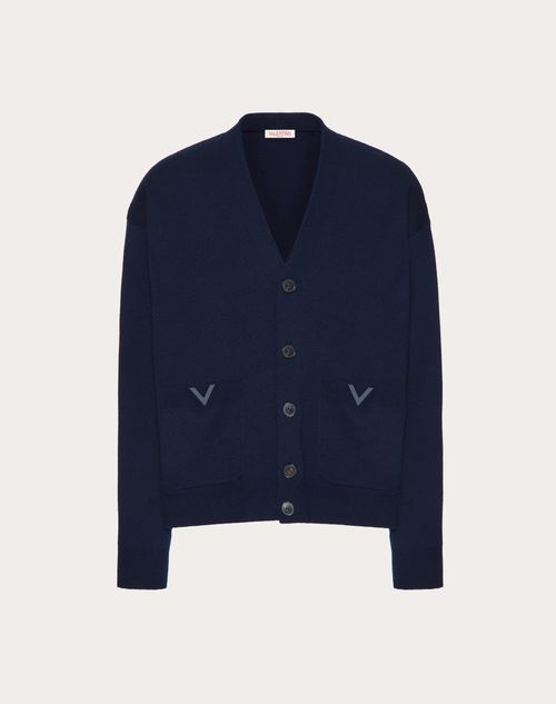 Valentino Wool Cardigan With Rubberised V Detail In Blue