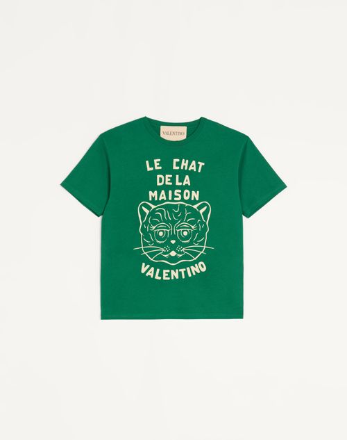 Valentino - Cotton T-shirt With Le Chat De La Maison Print - Green - Man - Tshirts And Sweatshirts