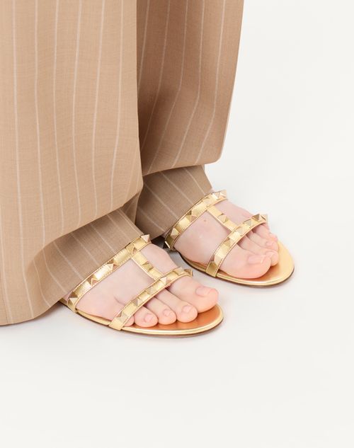 Valentino Garavani - Rockstud Laminated Nappa Slide Sandal - Antique Brass - Woman - Sandals