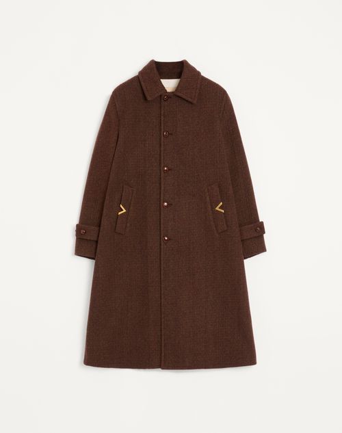 Valentino - Valentino Single-breasted Coat In Melange Wool Drape With Vgold On Side Pockets - Maroon - Man - Coats And Blazers