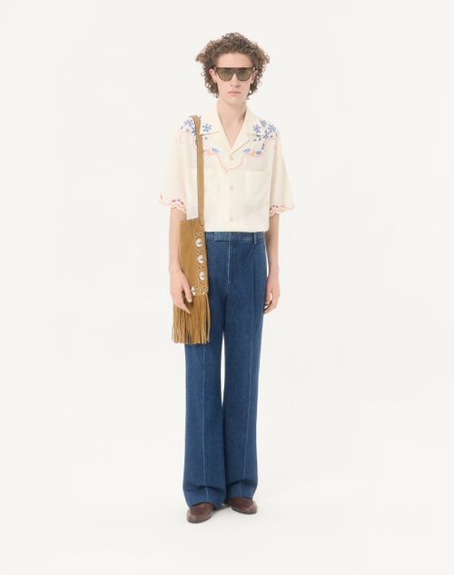 Valentino - Valentino Linen Bowling Shirt In San Gallo With Vlogo Embroidery - Latte - Man - Shirts