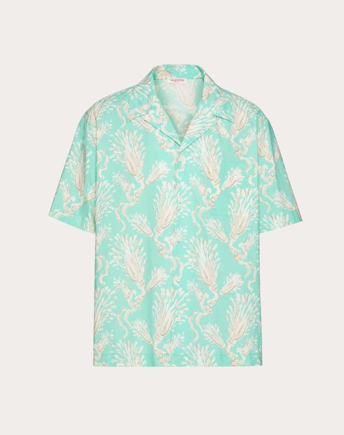 Valentino Cotton Poplin Bowling Shirt With Metamorphos Wheatsheaf Print In Turquoise/beige