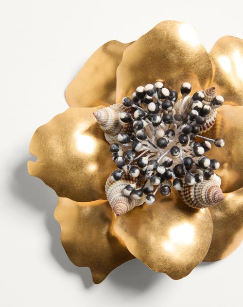 Valentino Garavani - Jardin Aquatique Brooch In Metal, Fabric And Shells - Antique Brass - Woman - Fashion Jewelry