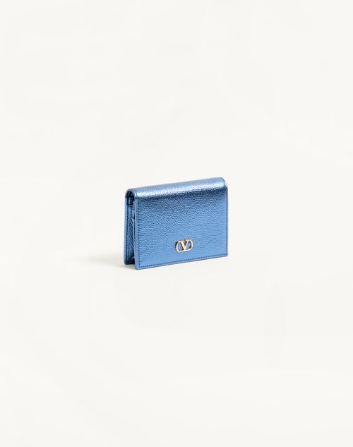Valentino Garavani - Portefeuille Valentino Garavani Vlogo Signature En Cuir De Veau Grainé - Bleu Métallisé - Femme - Portefeuilles Et Petite Maroquinerie
