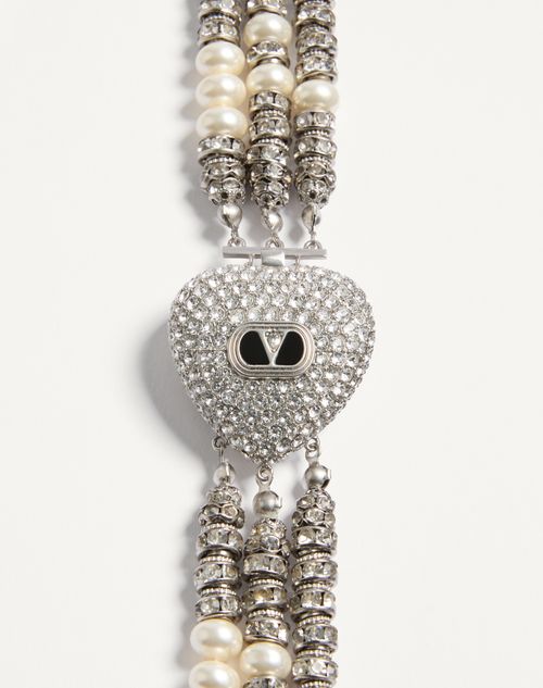 Valentino Garavani - Coeur Royal Necklace In Metal, Enamel, Pearls And Crystals - Palladium - Woman - Jewellery