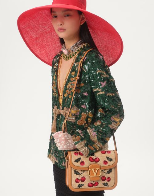 Valentino Garavani - Valentino Garavani 9to5 Shoulder Bag In Jacquard Raffia With Cherryfic Motif - Natural/red - Woman - Shoulder Bags