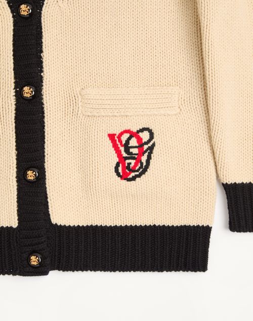 Valentino - Gestickter Wollcardigan - Birke/schwarz - Frau - Strickwaren