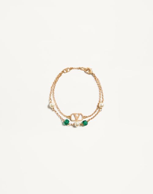 Valentino Garavani Vlogo Signature Metal, Pearl And Knurled Glass Bracelet Woman Gold S