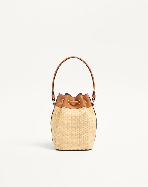 Valentino Garavani - Vlogo Signature Mini Bucket Bag In Raffia With Floral Embroidery - Multicolor/camel - Woman - Shoulder Bags