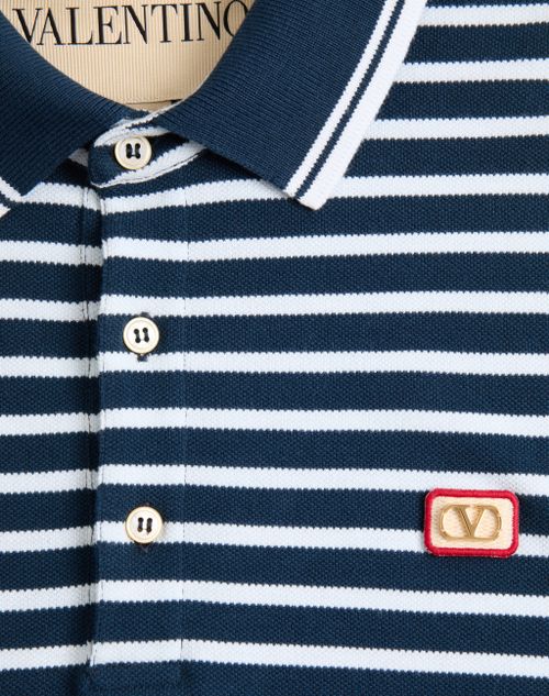 Valentino - Valentino Cotton Piqué Polo With Vlogo Patch - White/blue - Man - T-shirts And Sweatshirts