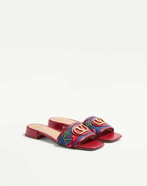 Valentino Garavani - Vlogo Signature Denim Slide Sandal With Cherryfic Embroidery 20mm - Denim/multicolour - Woman - Sandals